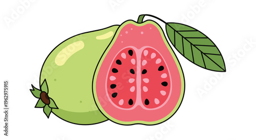 Vibrant cartoon illustration of two guavas, one whole, one sliced, revealing pink pulp and seeds with a leaf.