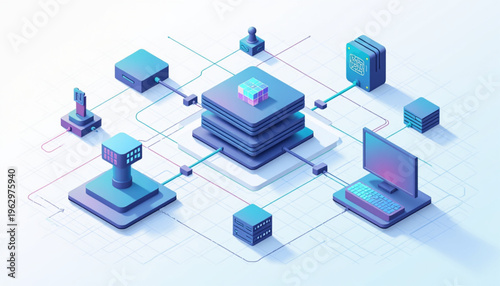 Modern Decentralized Data Flow Network in Semi Isometric Vector Style with Peer to Peer Connections