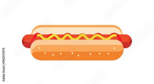Vibrant flat design hot dog illustration with mustard and ketchup on a golden bun a classic American street food graphic