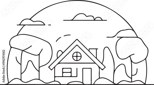 Concept of a serene winter home nestled among snow-covered trees, depicted in a minimalist black and white line art illustration, evoking warmth and tranquility
