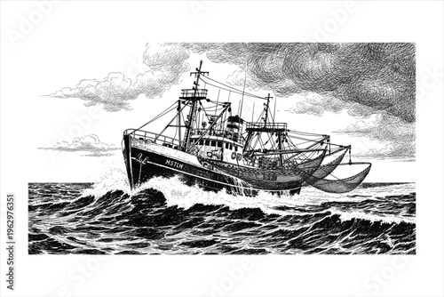 Fishing boat with net vintage sketch of ship