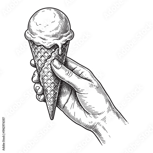 Hand holding vanilla ice cream scoop in a waffle cone vintage sketch