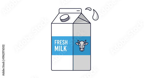Clean line art illustration of a fresh milk carton with a cow emblem and dynamic milk drops signifying purity and wholesome dairy goodness vector