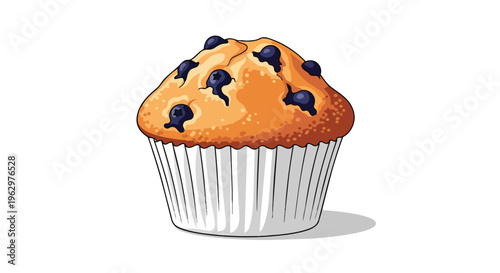 Appetizing blueberry muffin illustration showcasing a delectable baked good with a fluffy texture and vibrant blue fruit. Ideal for breakfast,