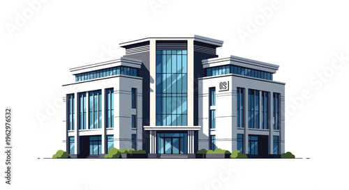 A contemporary corporate building illustration featuring a sleek, modern architectural design with expansive blue glass facades, symbolizing urban