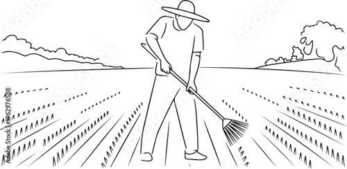 A farmer working in a field with rows of crops, raking the soil under a clear sky with distant hills and trees