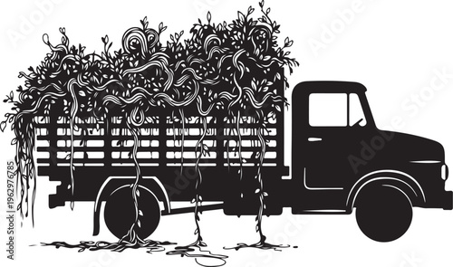 Black truck loaded with plants and vines vehicle transport