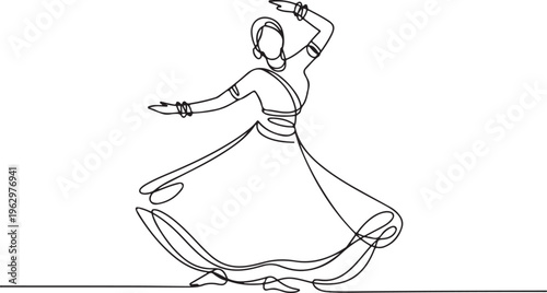 Continuous line drawing of a graceful Indian classical dancer in traditional attire, capturing the essence of movement and culture