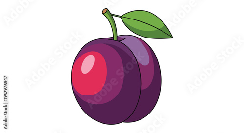 Vibrant purple plum illustration with a fresh green stem and single leaf against a clean white backdrop, showcasing ripe fruit charm in a