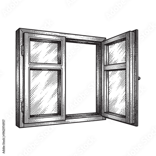 Open double pane glass window frame hand-drawn vintage sketch illustration