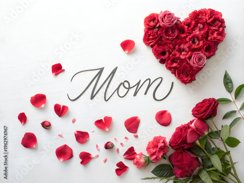 A heart made of roses and the word mom