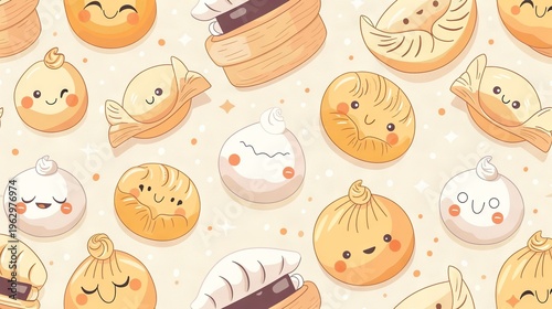 Adorable pattern of various dumplings with cute cartoon faces and expressions.