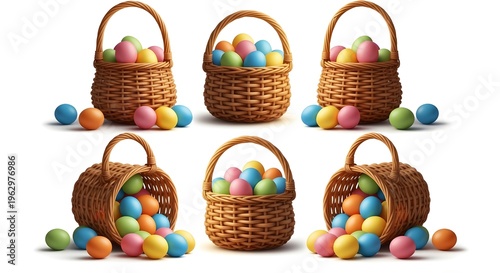 Easter eggs in wicker baskets for springtime holiday celebrations
