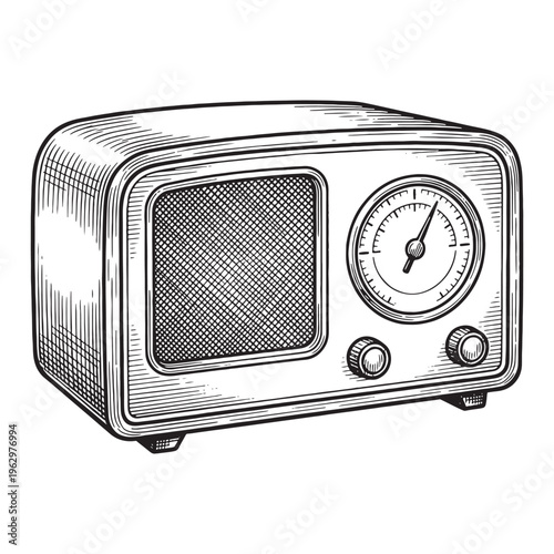 Vintage tabletop radio receiver with dial and knobs hand-drawn sketch