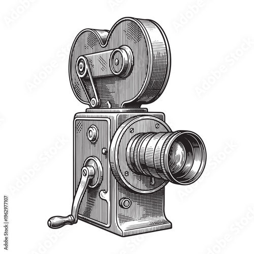 Vintage retro movie film camera with hand crank sketch illustration