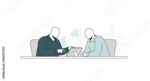 Business Professionals Collaborating and Discussing Work on a Digital Tablet in a Modern Office Illustration