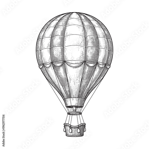 Vintage hot air balloon with passenger basket hand-drawn sketch illustration