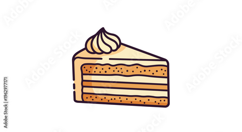 A charming stylized illustration of a delectable dessert slice, featuring rich layered cake with speckled texture, topped with a delicate swirl of