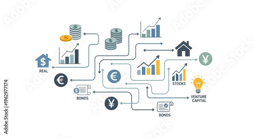 Global Investment Diversification and Financial Asset Allocation Infographic showing Stocks, Bonds, Real Estate, and Venture Capital Icons
