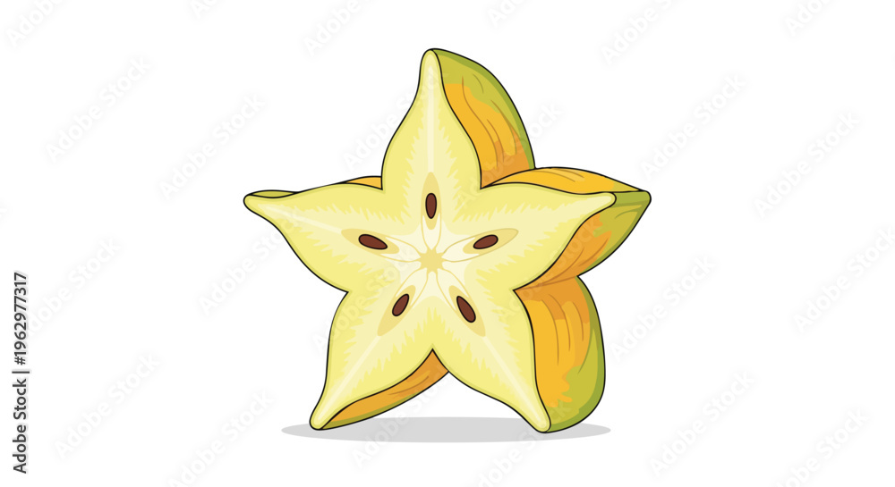 Fototapeta premium Vibrant yellow star fruit slice illustration with visible seeds, a refreshing tropical snack icon