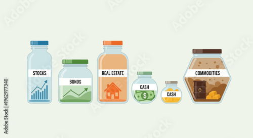 Investment Portfolio Asset Allocation and Financial Diversification Concept Flat Vector Illustration with Stocks, Bonds, Real Estate, Cash, and Commodities