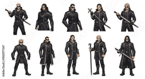 Character design of a male warrior with various poses and weapons  