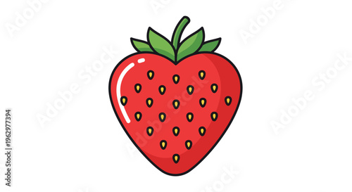 Vibrant cartoon strawberry illustration with a fresh green stem and numerous bright yellow seeds on a clean white background depicting healthy fruit
