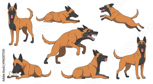 Cartoon Belgian Malinois dogs in various playful poses and actions  