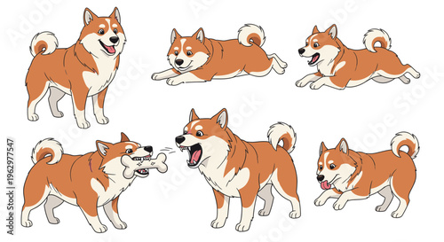 Cartoon American Eskimo dog in various playful poses  