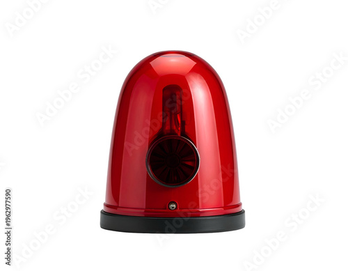 Shiny red warning beacon with black base on white