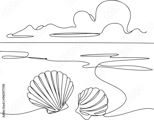 Minimalist single-line drawing of a serene seascape with clouds and two seashells on the shore