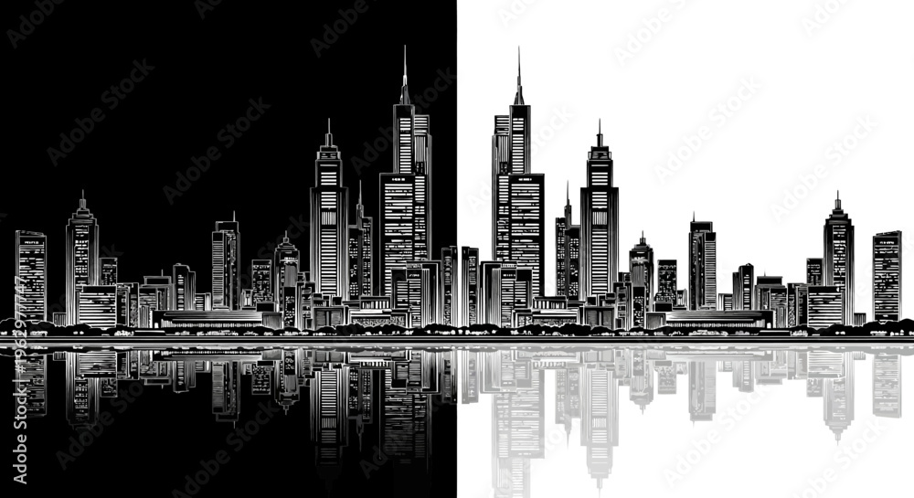 Obraz premium Black and white cityscape with skyscrapers.