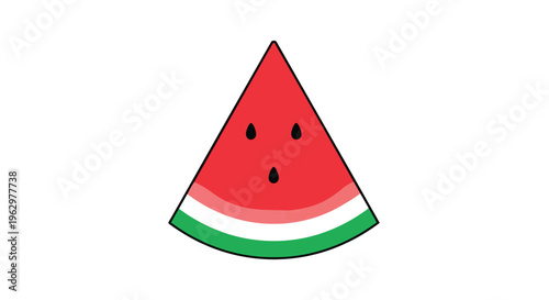 Refreshing graphic of a perfect watermelon slice with vibrant red pulp distinct black seeds white rind and bold green crust isolated on clean