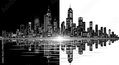 Black and white cityscape with skyscrapers.