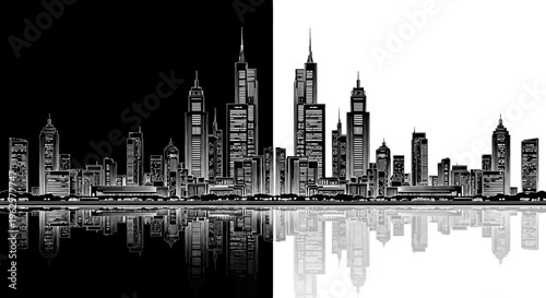 Black and white cityscape with skyscrapers.