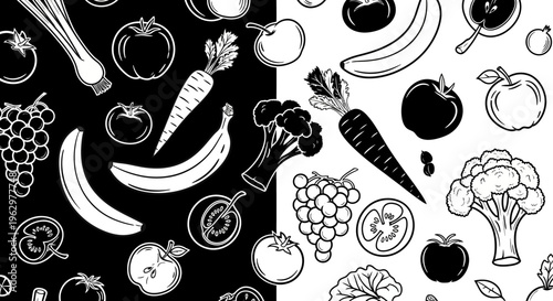 A black and white illustration of various fruits and vegetables.