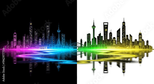 City skyline with colorful neon lights reflecting on water.