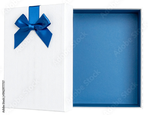Top view of blank open white gift box with blue bottom inside or opened blue present box with blue ribbon and bow isolated on transparent background