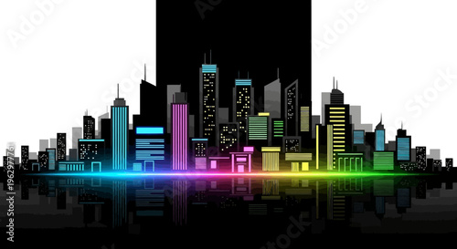 Vibrant city skyline with colorful lights.