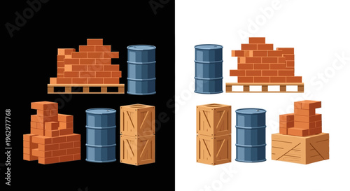 Pixelated 3D objects on pallets and boxes.