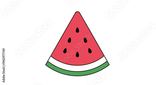 A vibrant graphic illustration depicting a fresh slice of watermelon, complete with its characteristic red pulp, dark seeds, and distinct green