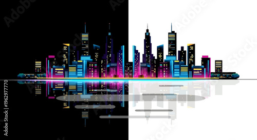 City skyline with colorful neon lights.