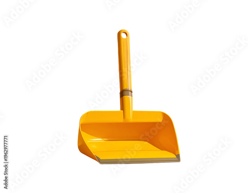 A bright yellow dustpan with a handle on a white background