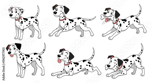 Cartoon Dalmatian dog in various playful poses on white background  