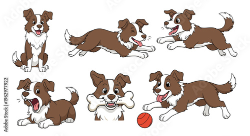 Cartoon Border Collie dog playing with toys and expressing emotions  