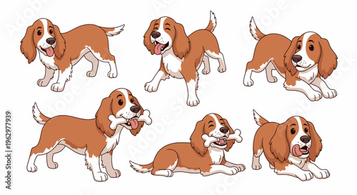 Cartoon Field Spaniel dog in various playful poses with bone  