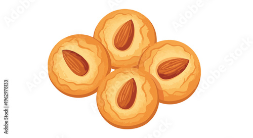 Delicious golden almond cookies illustration, symmetrically arranged, each with a whole nut. This image perfectly conveys a sweet, delightful