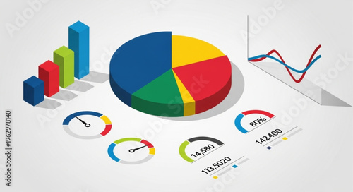 Isometric Data Visualization - Pie Chart, Bar Graph, and Line Graph.