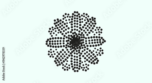 A delicate geometric flower pattern composed entirely of small black dots against a light blue background, creating a unique visual texture and abstract art