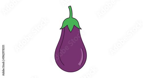A cheerful and vivid purple eggplant illustration featuring a fresh green stem and distinctive calyx on a pristine white background perfect for